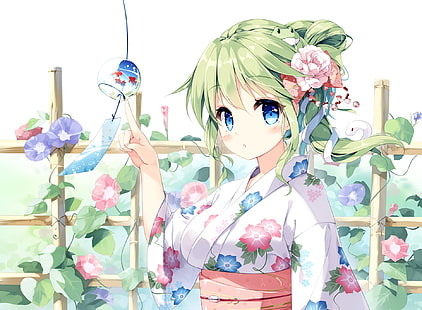 wallpaper digital karakter wanita anime berambut hijau, Touhou, Kochiya Sanae, rambut hijau, mata biru, kimono Jepang, Wallpaper HD HD wallpaper