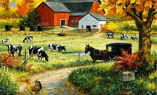 Макдональд имел ферму, сарай, дом, коров, ферму, природу и пейзажи, HD обои HD wallpaper