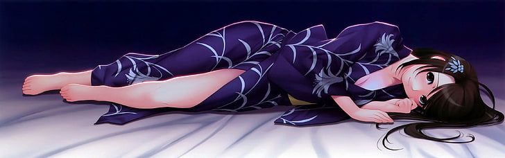 femme portant une illustration de robe violette, filles anime, souriant, au kimono, au lit, ombrage doux, pieds nus, pieds, brune, Love Plus, Fond d'écran HD