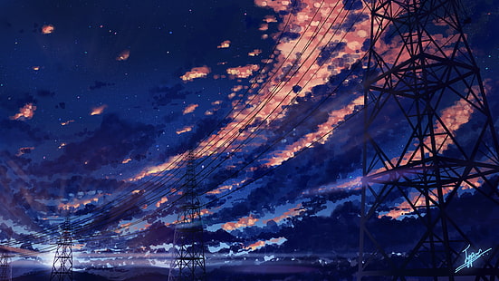 painting of sky, power lines, utility pole, clouds, digital art, HD wallpaper HD wallpaper