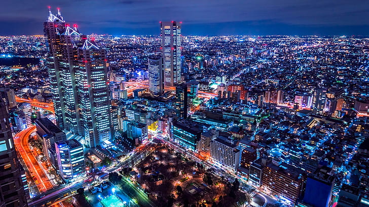 Shinjuku Park Tower, paesaggio urbano, Shinjuku, Giappone, metropoli, Asia, orizzonte, notte, grattacielo, fotografia aerea, Tokyo, centro città, luci della città, Sfondo HD