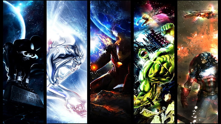 Avengers hjälte illustration collage, Marvel Comics, Hulk, Captain America, Silver Surfer, Venom, Spider-Man, paneler, collage, HD tapet