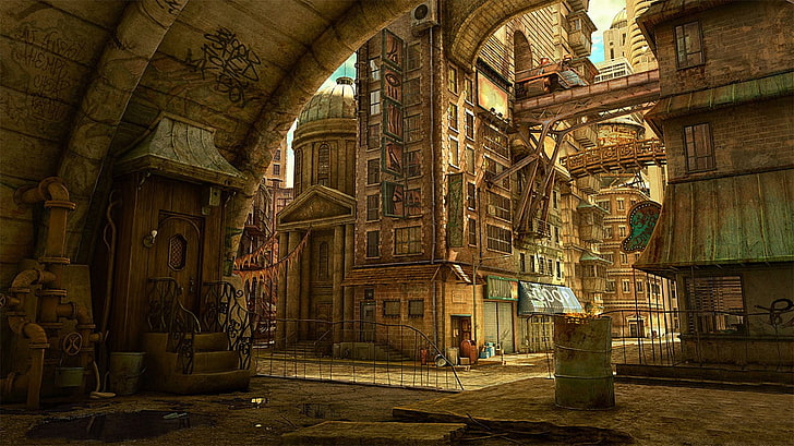 interior del edificio de hormigón marrón, Tekkon Kinkreet, ciudad, steampunk, arte de fantasía, ciudad de fantasía, obras de arte, Fondo de pantalla HD