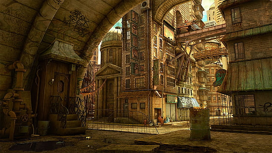 intérieur de bâtiment en béton brun, ville, steampunk, art fantastique, ville imaginaire, œuvres d'art, Fond d'écran HD HD wallpaper