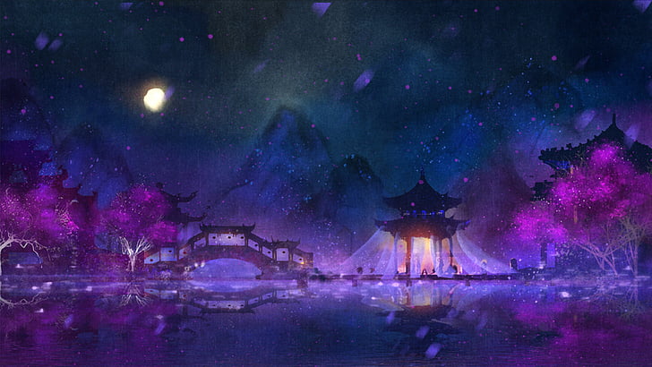 Fantasi, Oriental, Gunung, Malam, Sungai, Wallpaper HD