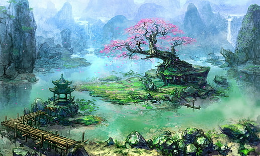 grafika, architektura azjatycka, bonsai, sztuka fantasy, molo, rzeka, drzewa, wodospad, Tapety HD HD wallpaper