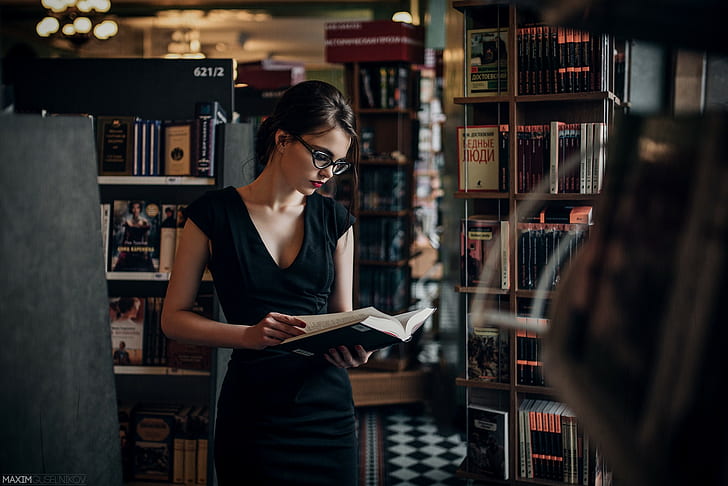 women with glasses, books, library, glasses, women, black dress, Oktyabrina Maximova, brunette, Maxim Guselnikov, red lipstick, dress, HD wallpaper