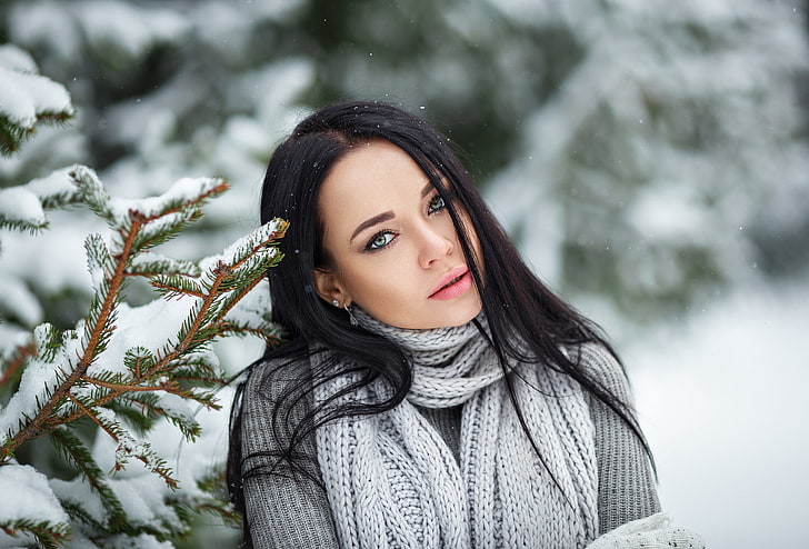Angelina Petrova, women, snow, scarf, Denis Petrov, depth of field, women outdoors, portrait, sweater, black hair, HD wallpaper