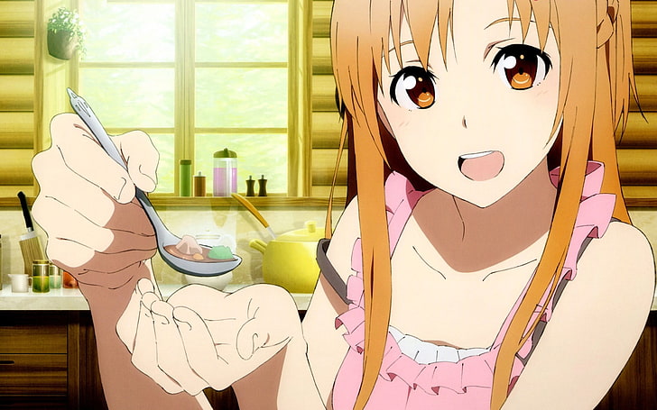 perempuan memegang sendok anime digital wallpaper karakter, Sword Art Online, Yuuki Asuna, gadis anime, makanan, Wallpaper HD