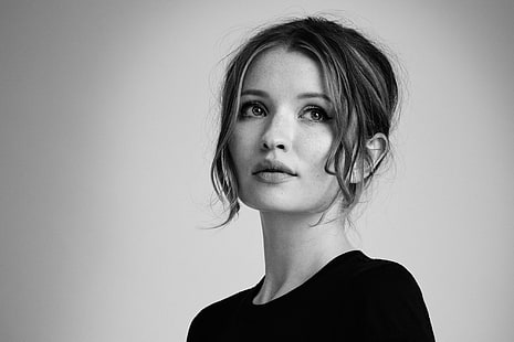 background, portrait, makeup, actress, hairstyle, black and white, beauty, photoshoot, Legend, InStyle, 2015, Emily Browning, for the film, TIFF, Jens Langkjaer, HD wallpaper HD wallpaper