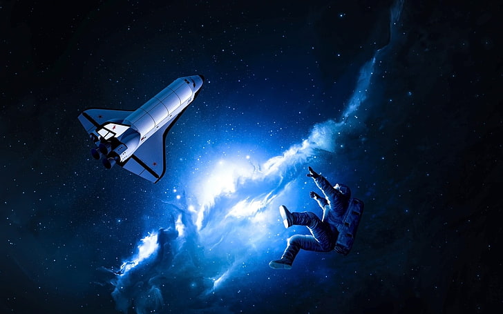 illustration de l'astronaute et des vaisseaux spatiaux, espace, navette spatiale, art spatial, nébuleuse, bleu, étoiles, astronaute, Fond d'écran HD