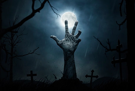 WWE Undertaker ręka na cmentarzu, noc, księżyc, krzyże, groby, ręka, cmentarz, Halloween, horror, cmentarz, do wolności, Tapety HD HD wallpaper