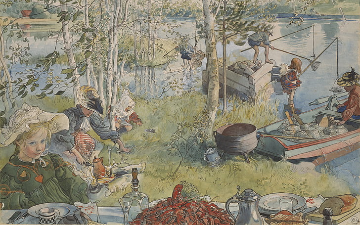 Carl Olof Larsson, Carl Larsson, Crayfishing, artista sueco, pintor sueco, Fondo de pantalla HD