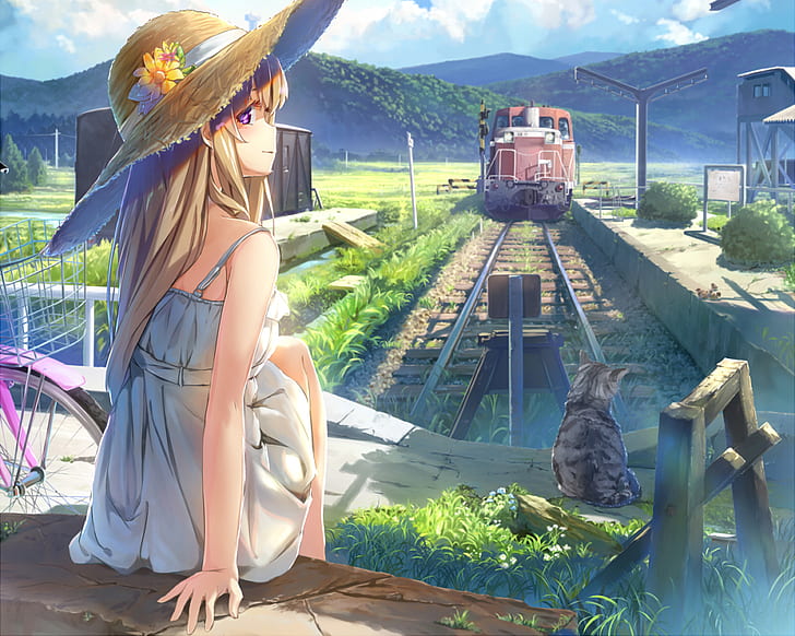 blonde, purple eyes, straw hat, cat, train, anime girls, HD wallpaper