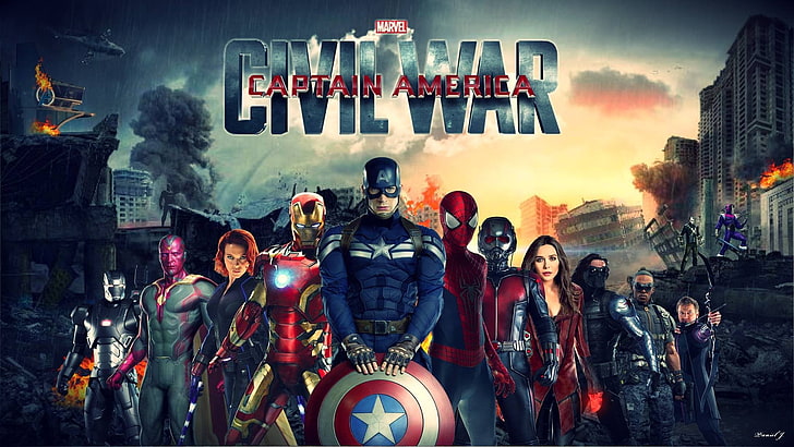 خلفية رقمية من Marvel Civil War Captain America ، Falcon ، Captain America ، spider man ، Black Widow ، Ant-Man ، Hawkeye ، Scarlet witch ، Vision ، Warrior ، Iron-Man ، Captain America: Civil War ، Baron Zemo ، Winter Solider، خلفية HD