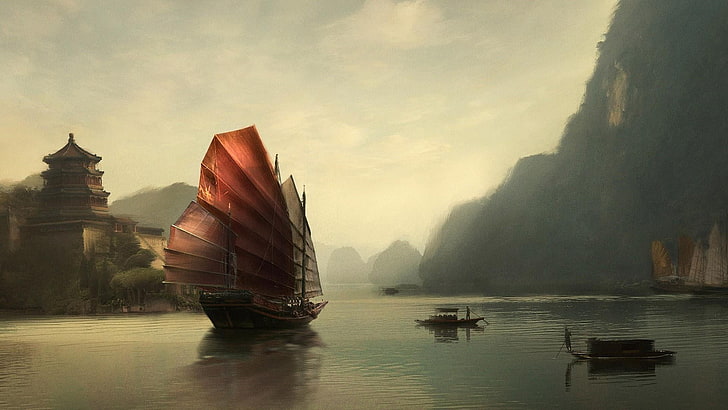 стар Китай, фентъзи изкуство, мечта, лодка, шхуна, пейзаж, HD тапет