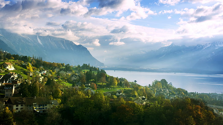 city houses surrounded by trees under white and blue cloudy sky, lake geneva, lake geneva, Lake Geneva, city, houses, trees, white, blue, cloudy, sky, switzerland, Lausanne, Alps, pentax  K-r, Pentax Kr, day, mountain, nature, landscape, european Alps, scenics, outdoors, forest, europe, tree, HD wallpaper