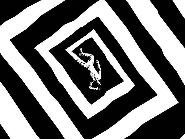 мъж, лежащ на черно-бели тапети на пода, резюме, плакат за филм, оптична илюзия, Алфред Хичкок, Вертиго, HD тапет