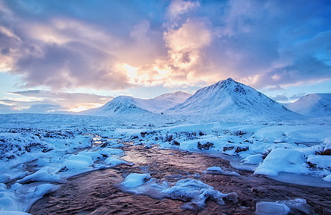 水域、雪、山、水域、スコットランド、ウエストハイランド、スロン、na、クリーズ、夜明け、ブラックマウント、川、自然、氷、冬、風景、風景、屋外、山頂、氷河の横にある雪に覆われた山、寒さ-温度、青、空、日没、自然の美しさ、旅行、 HDデスクトップの壁紙 HD wallpaper