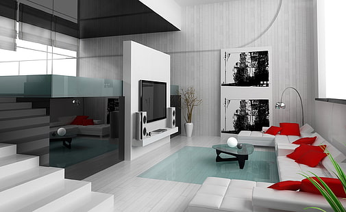 Carta da parati minimalista di Interior Design HD, TV a schermo piatto con montaggio a parete e divano componibile bianco, Architettura, Design, Minimalista, Interno, Sfondo HD HD wallpaper