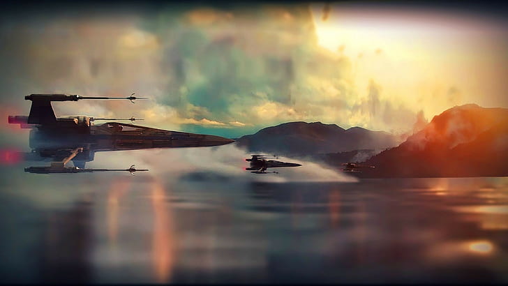 Fond d'écran numérique de deux navires noirs, deux hélicoptères gris au-dessus d'un plan d'eau, Star Wars, Star Wars: Le réveil de la force, X-wing, Fond d'écran HD