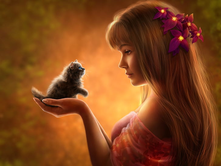 Schönes Fantasiemädchen mit Kätzchen, rote Blumenblätter, schön, Fantasie, Mädchen, Kätzchen, HD-Hintergrundbild