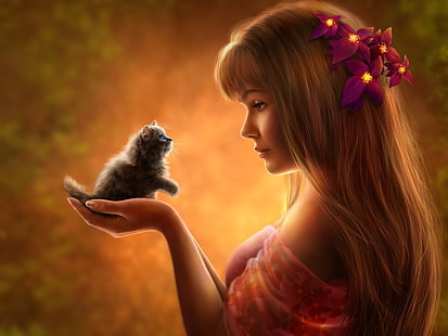 Hermosa chica de fantasía con gatito, flores de pétalos rojos, Hermosa, Fantasía, Niña, Gatito, Fondo de pantalla HD HD wallpaper