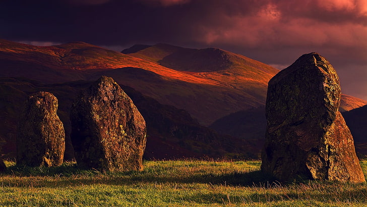 rocha cinza, paisagem, natureza, pedras, Inglaterra, círculo de pedra, Cumbria, Lake District, Círculo de pedra de Castlerigg, Keswick, HD papel de parede