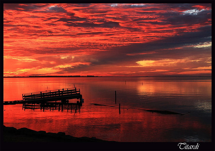 pontile in legno, paesaggio, cielo, mattina, nuvole, rosso, tramonto, Sfondo HD
