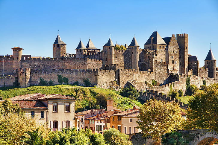 Замъкът на Каркасон, зелени дървета, Франция, дом, замък, Замъкът на Каркасон, снимки на града, HD тапет