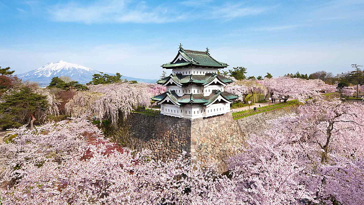 castelo, montanha, primavera, Japão, Sakura, floração, Hirosaki, Prefeitura de Aomori, a ilha de Honshu, HD papel de parede