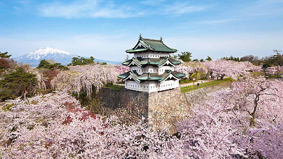 Castello, montagna, primavera, Giappone, Sakura, fioritura, Hirosaki, Prefettura di Aomori, l'isola di Honshu, Sfondo HD HD wallpaper