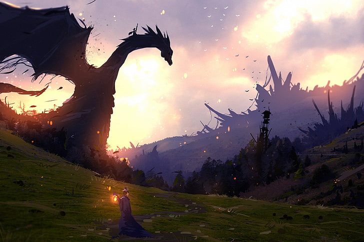 illustration de dragon, art fantastique, dragon, crépuscule, Fond d'écran HD