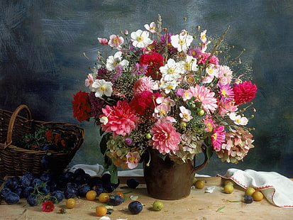pink and white flowers centerpiece, chrysanthemums, flowers, bouquet, vase, plums, still life, HD wallpaper HD wallpaper