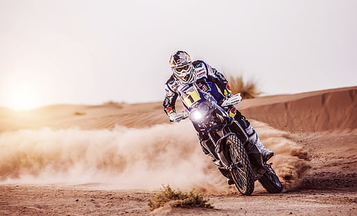 blå smutscykel, sand, sport, hastighet, sladd, dag, motorcykel, racer, moto, rally, Dakar, utrustning, HD tapet HD wallpaper