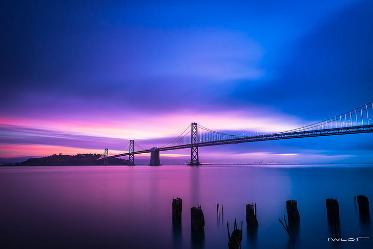 мост на златната порта под синьо и лилаво небе, дълга експозиция, проучване, мост на златната порта, синьо, лилаво, небе, изгрев, мост в залива на Сан Франциско, Лий, филтър, известно място, САЩ, мост - изкуствена структура, архитектура, залез, Калифорния, градски Skyline, окръг Сан Франциско, окачен мост, здрач, море, градски пейзаж, нощ, HD тапет
