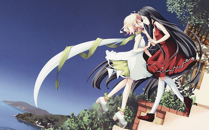 Zwei schwarz-pinkhaarige weibliche Anime-Figuren, Schritte, Schal, Kleid, Mädchen, Kuss, HD-Hintergrundbild
