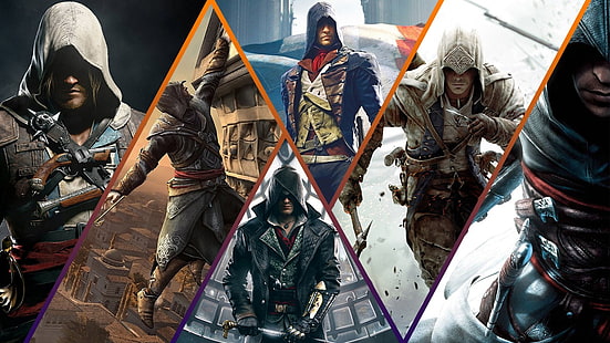 Ilustración de collage de personajes de Assassin's Creed, Assassin's Creed, videojuegos, Ezio Auditore da Firenze, Arno Dorian, Altaïr Ibn-La'Ahad, Fondo de pantalla HD HD wallpaper
