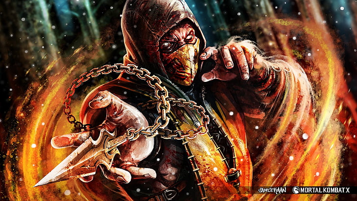Mortal Kombat Scorpion тапет, Mortal Kombat, Mortal Kombat X, кръв, верига, огън, качулка, човек, маска, нинджа, скорпион (Mortal Kombat), копие, оръжие, бели очи, HD тапет