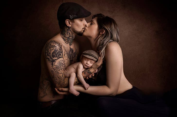 girl, background, mood, kiss, boy, tattoo, cap, guy, child, baby, family portrait, Zoe Louise Walker, young family, HD wallpaper