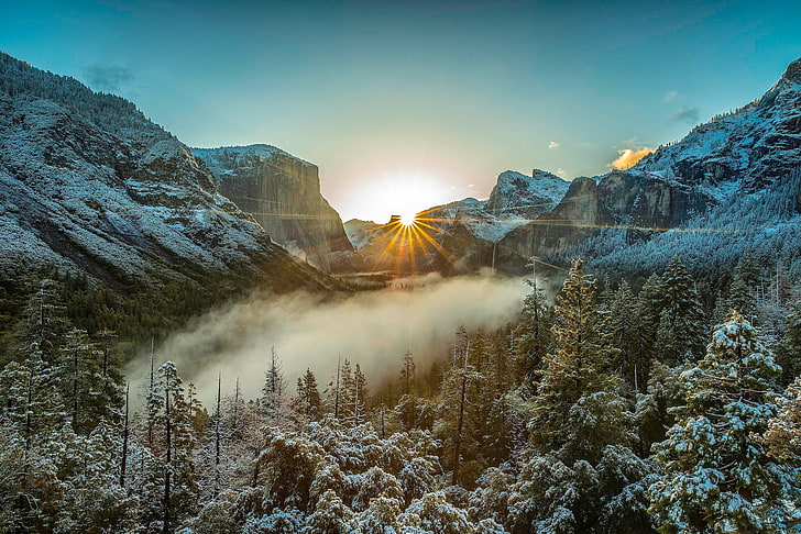 winter, frost, forest, the sky, the sun, rays, light, snow, trees, landscape, mountains, fog, rocks, dawn, the slopes, tops, ate, USA, Yosemite, national Park, blue sky, snowy peaks, the tops of the trees, HD wallpaper
