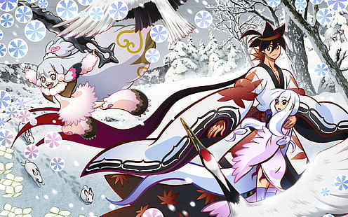 textil floral blanco, rojo y verde, manga, Katanagatari, Yasuri Shichika, Togame, Fondo de pantalla HD HD wallpaper