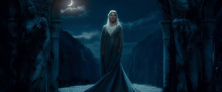 Kobieca postać Hobbit, Galadriela, Cate Blanchett, Hobbit: Niezwykła podróż, elfy, blondynka, światło księżyca, filmy, Tapety HD HD wallpaper