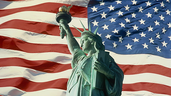 Man Made, Statue of Liberty, American Flag, HD wallpaper HD wallpaper