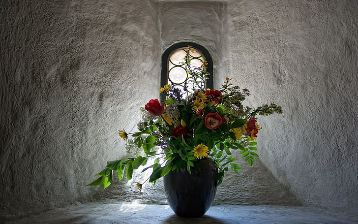 red and yellow petaled flower arrangement, tulips, flowers, bouquet, vase, window, wall, HD wallpaper