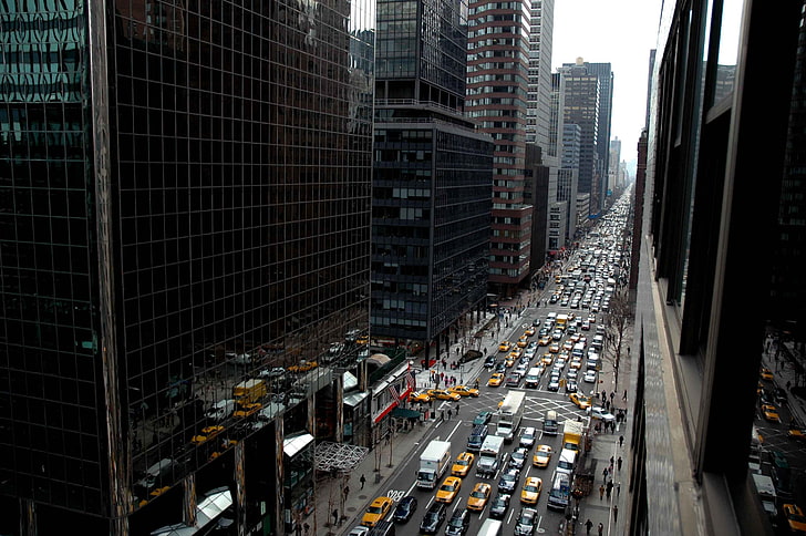 svart glasbyggnad, New York City, trafik, HD tapet