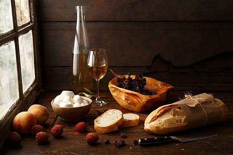 still life, food, wine, bread, HD wallpaper HD wallpaper