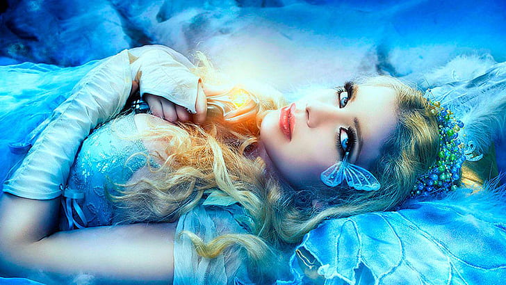 Beautiful Blue Girl With Blue Eyes And Red Lips Fantasy Art Desktop Wallpaper Hd Resolution, HD wallpaper