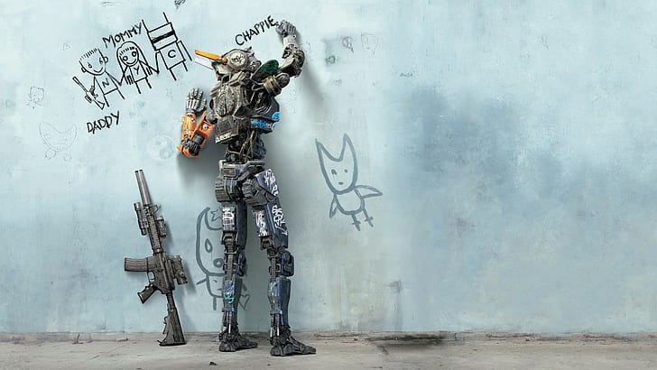 digital art robot movie poster chappie movies machine gun walls drawing writing, HD wallpaper