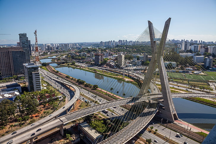 aerial, architecture, brazil, bridge, building, cable, city, cityscape, stayed, urban, view, HD wallpaper